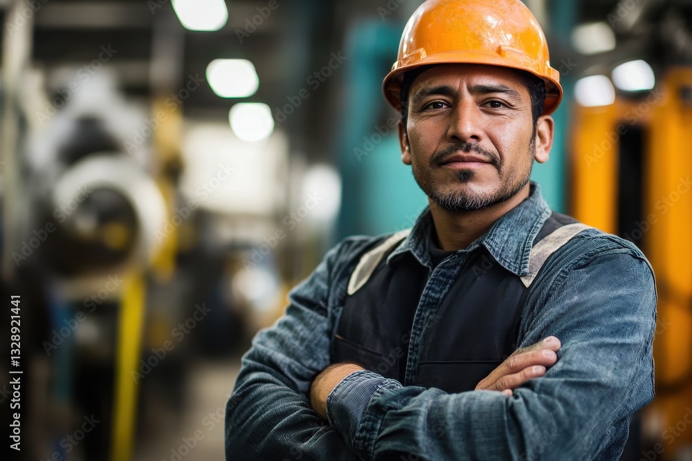 Candid shot of a confident Hispanic worker with arms crossed in the industrial construction industry Candid shot of a confident Hispanic worker with arms crossed in the industrial construction industry