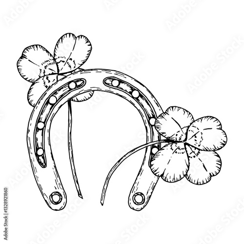 Hand-drawn black and white illustration of a classic horseshoe decorated with two lucky four-leaf clovers. A powerful symbol of fortune, prosperity, and Irish folklore, ideal for St. Patrick s Day