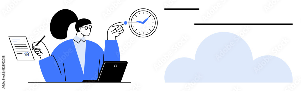 Woman holding checklist and pen, pointing at wall clock, with laptop and cloud. Ideal for productivity, scheduling, technology, remote work, data management cloud services time efficiency. Flat Woman holding checklist and pen, pointing at wall clock, with laptop and cloud. Ideal for productivity, scheduling, technology, remote work, data management cloud services time efficiency. Flat