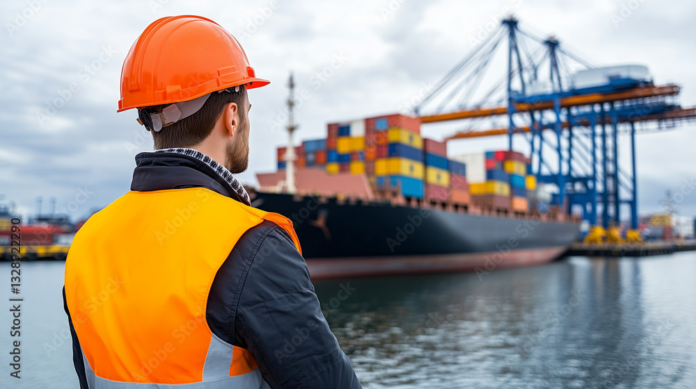 Overseeing Cargo Operations: A worker in safety gear supervises a large container ship at a bustling port, emphasizing safety and logistics. Overseeing Cargo Operations: A worker in safety gear supervises a large container ship at a bustling port, emphasizing safety and logistics.
