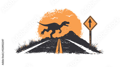 A vector illustration featuring a black silhouette of a running dinosaur on a two-lane road against a stylized orange sunset backdrop.  The sunset is depicted as a textured orange circle with