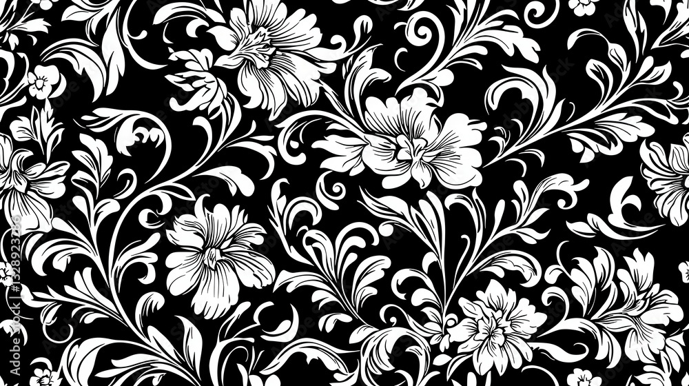 Fototapeta premium Elegant Black and White Floral Pattern with Intricate Designs