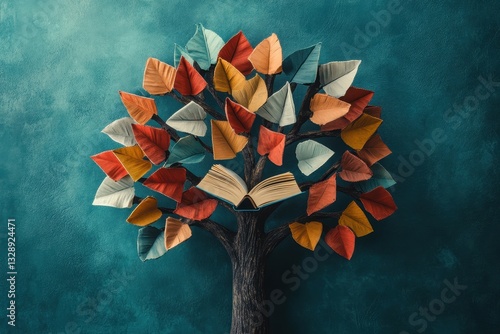 International Literacy Day concept with a tree where books serve as colorful leaves