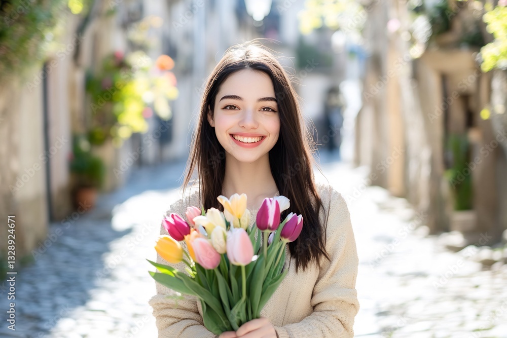 Fototapeta premium Woman smiling, holding tulips, cobblestone street, spring