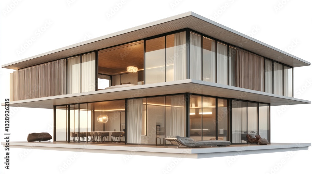 Fototapeta premium Modern two-story house with large windows, open floor plan, and expansive deck.
