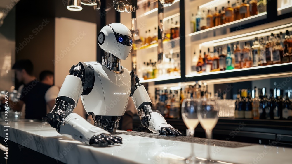 Obraz premium A robotic bartender preparing cocktails, high-end bar with robotic mixology stations, Hospitality tech style