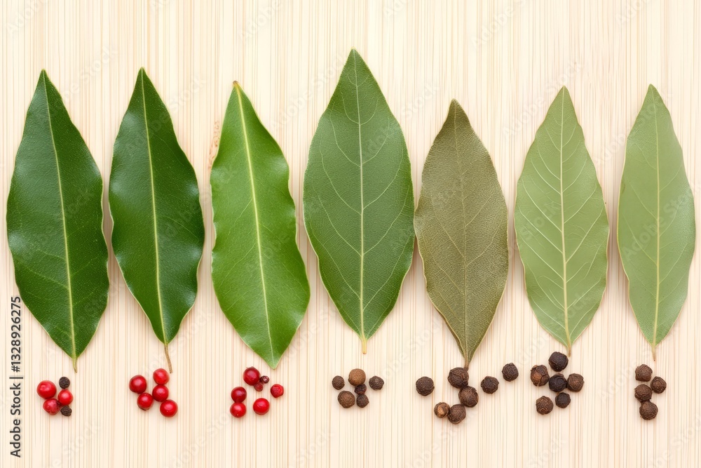 Green bay leaves and red peppercorns arranged in a visually appealing pattern. The contrast between the fresh leaves and small spices creates an artistic food composition. Green bay leaves and red peppercorns arranged in a visually appealing pattern. The contrast between the fresh leaves and small spices creates an artistic food composition.