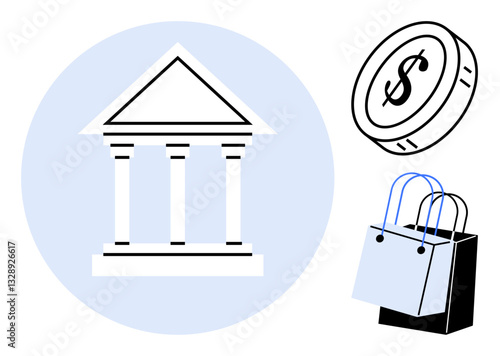 Bank with classic architecture, a coin with dollar sign, and shopping bags. Ideal for finance, commerce, banking, economy, investment retail consumer spending. Clean abstract line flat metaphor