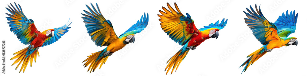 Fototapeta premium A group of lively and tropical parrots in various bright colors soaring through the air showcasing their beautiful and dynamic plumage