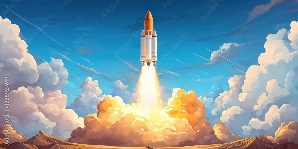 Naklejka premium Powerful Rocket Launching Into the Sky Banner