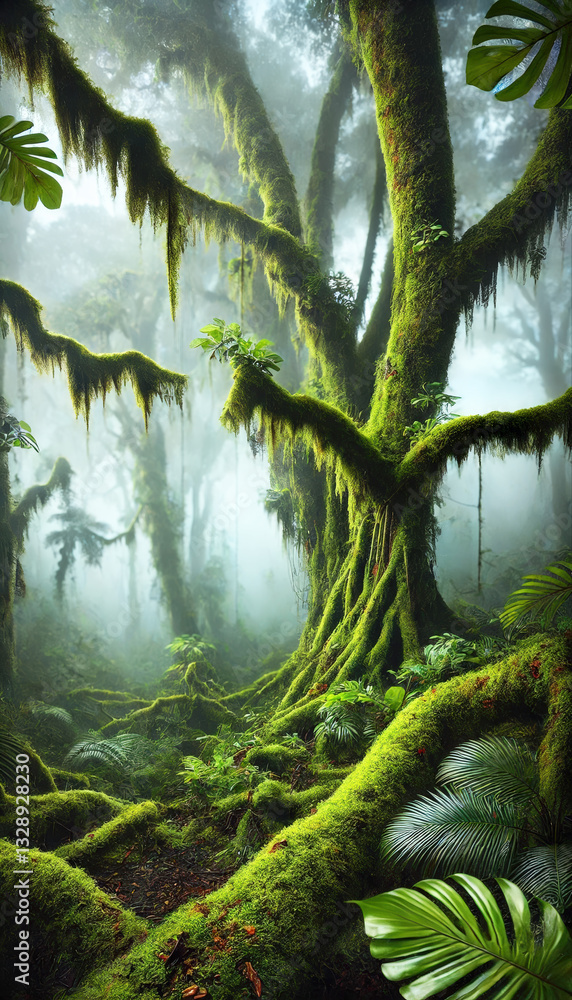 mystical, foggy rainforest with tall, moss-covered trees