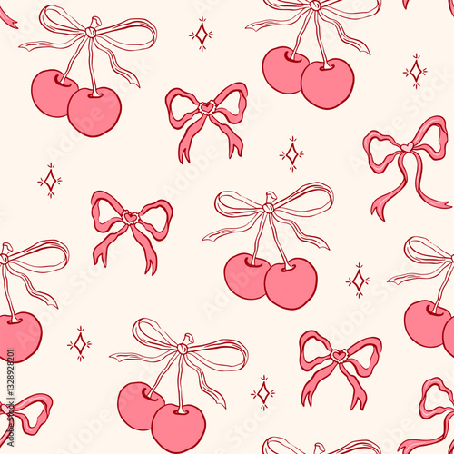 Hand drawn coquette seamless pattern with cherry and bow. Vintage trendy cute girly background. Modern vector print for wrapping paper, holiday decor, packaging, fabric, textile.
