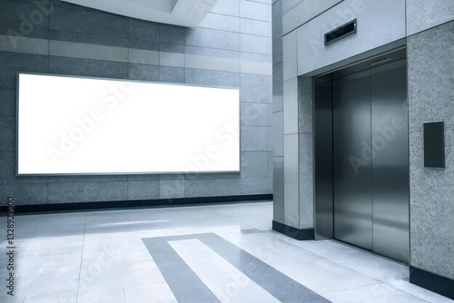 blank billboard on the wall in airport, modern office building or station, in hallway by lift, 3d render