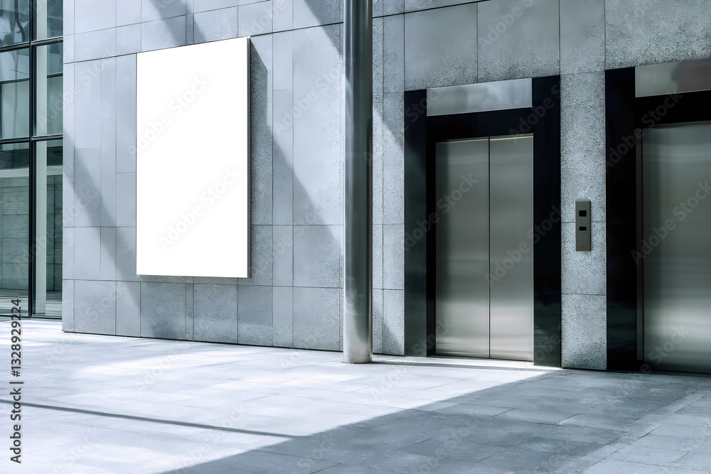 modern elevator with empty billboard under sunlight and shadows, beautiful office building in urban city, 3d render, copy space modern elevator with empty billboard under sunlight and shadows, beautiful office building in urban city, 3d render, copy space
