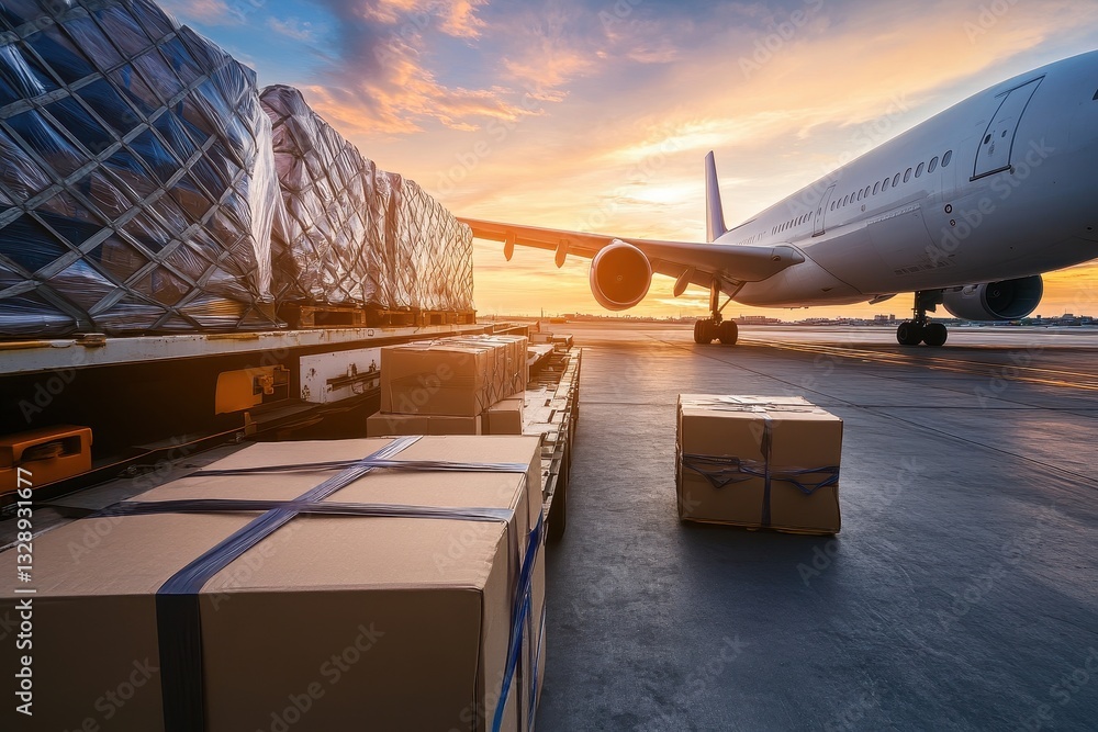 Air freight logistics hub with cargo plane loading shipping packages for timely delivery worldwide Air freight logistics hub with cargo plane loading shipping packages for timely delivery worldwide