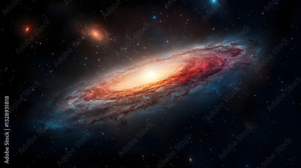 Fototapeta premium Celestial Canvas: Witness the breathtaking spiral galaxy, a swirling cosmic masterpiece of vibrant colors and intricate structures, floating serenely amidst the vastness of the universe.