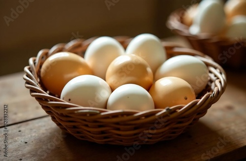 Fotografi Natural easter eggs in basket, religious holiday easter, stand on wooden table, light