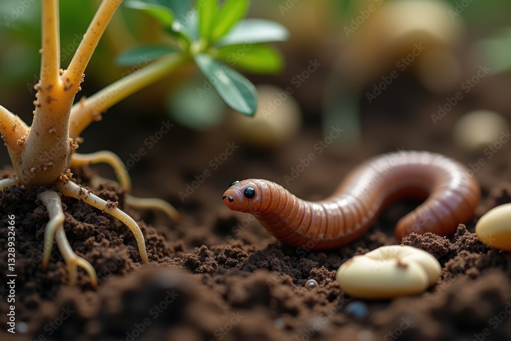 Obraz premium Earthworm tunnels through nutrient-rich soil near plant roots and germinating seeds, improving soil aeration, fertility, and organic matter decomposition in gardening.