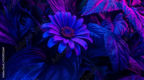 Neon blue flower amidst dark foliage.