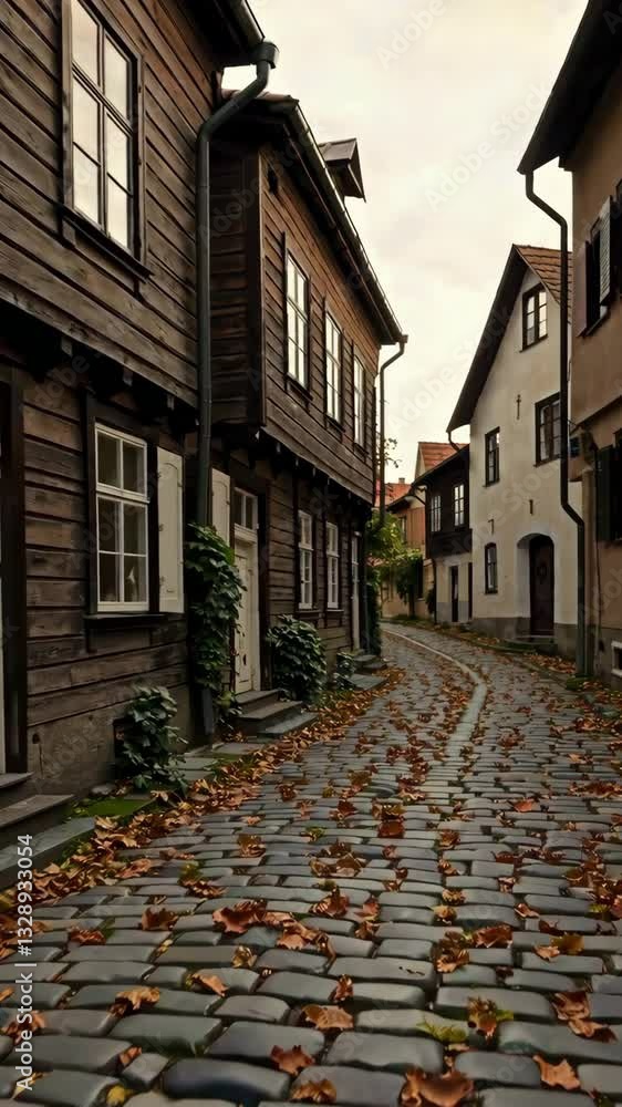 Serene autumn stroll through a cobblestone alleyway lined with rustic wooden houses
