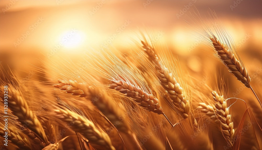 Close-up of golden wheat gently swaying in the wind, backlit by warm sunset light for a natural and serene atmosphere Close-up of golden wheat gently swaying in the wind, backlit by warm sunset light for a natural and serene atmosphere