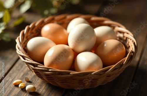 Fotografi Natural easter eggs in basket, religious holiday easter, stand on wooden table, light
