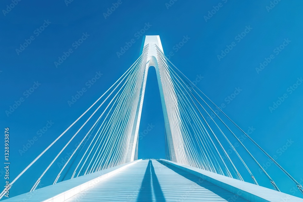 Modern White Cable-Stayed Bridge Under Clear Blue Sky Modern White Cable-Stayed Bridge Under Clear Blue Sky