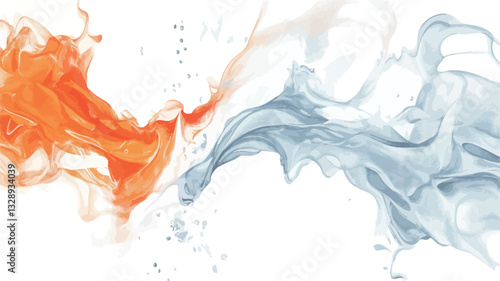 The image is an abstract composition featuring two distinct swirling forms. One is predominantly orange, the other grey-blue.  The swirls appear fluid and dynamic, with a sense of movement and