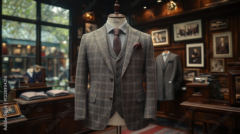 Obraz premium Mannequin wearing tweed suit in tailor shop