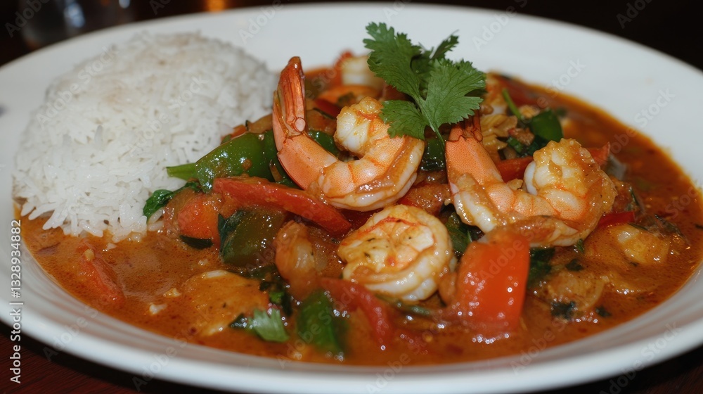 Colorful Shrimp Dish with Vegetables and White Rice Served in a Bowl on a Dark Wooden Table Colorful Shrimp Dish with Vegetables and White Rice Served in a Bowl on a Dark Wooden Table
