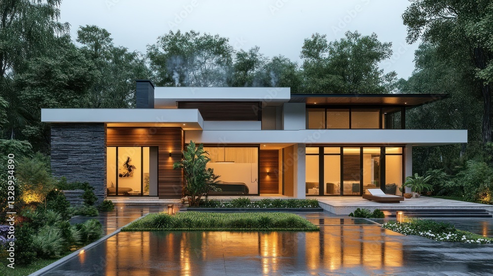 Modern Minimalist House Surrounded by Lush Greenery with Soft Dusk Lighting Modern Minimalist House Surrounded by Lush Greenery with Soft Dusk Lighting
