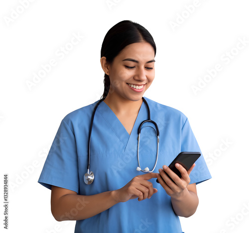 Efficient Latina nurse or doctor checking schedules on a smartphone isolated on transparent background, png file