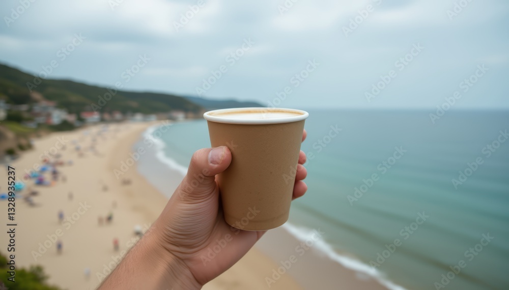Person Holding Coffee Cup Overlooking Scenic Beach View with Calm Waters and Clouds Person Holding Coffee Cup Overlooking Scenic Beach View with Calm Waters and Clouds
