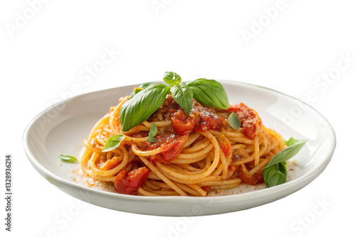 Spaghetti Pasta with Tomato Sauce and Fresh Basil on White Plate, Isolated Background