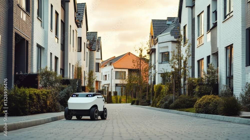 Fototapeta premium A robotic delivery bot, residential neighborhood with robot delivering packages to a doorstep, Logistics tech style