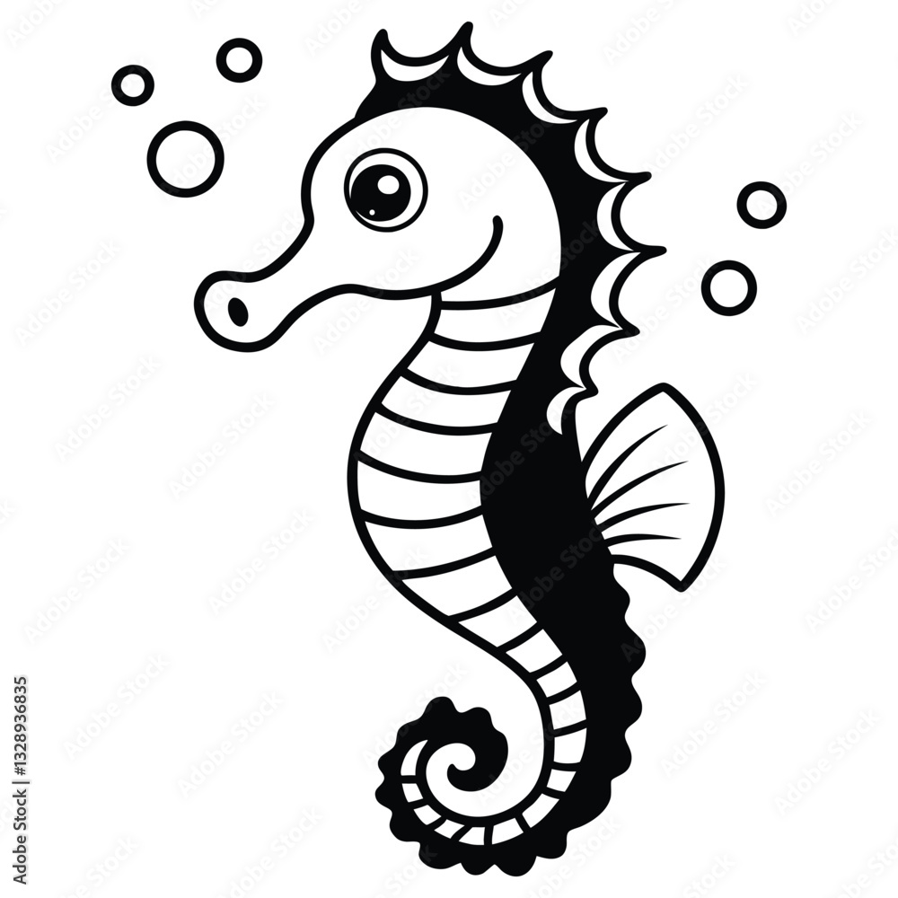Fototapeta premium Whimsical Seahorse with Underwater Bubbles - Coloring Page.