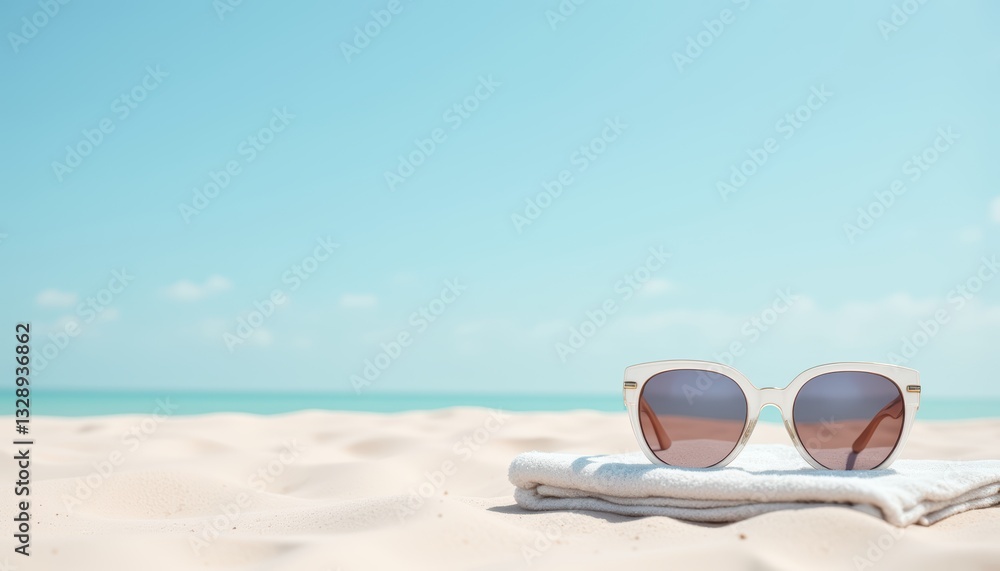 Stylish Sunglasses Resting on a Beach Towel with a Tranquil Ocean Background Stylish Sunglasses Resting on a Beach Towel with a Tranquil Ocean Background