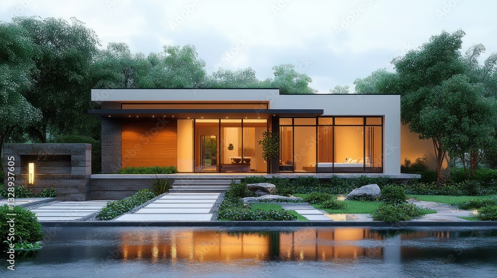 Modern Minimalist Luxury House Design Surrounded by Lush Greenery with Twilight Reflections Modern Minimalist Luxury House Design Surrounded by Lush Greenery with Twilight Reflections