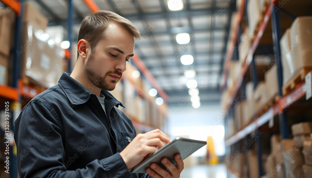 Male working in distribution warehouse with digital tablet, close-up. isolated with white highlights Male working in distribution warehouse with digital tablet, close-up. isolated with white highlights