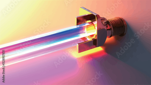 Close-up view of a tubular light source emitting vibrant pink, blue, and orange light. The tube is affixed to a metallic fixture mounted on a light-colored wall. The light appears to be emanating