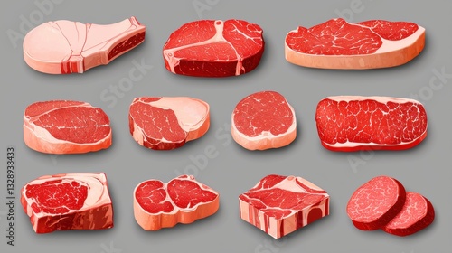 Beef cuts chart concept. A variety of beef cuts showcased on a gray background