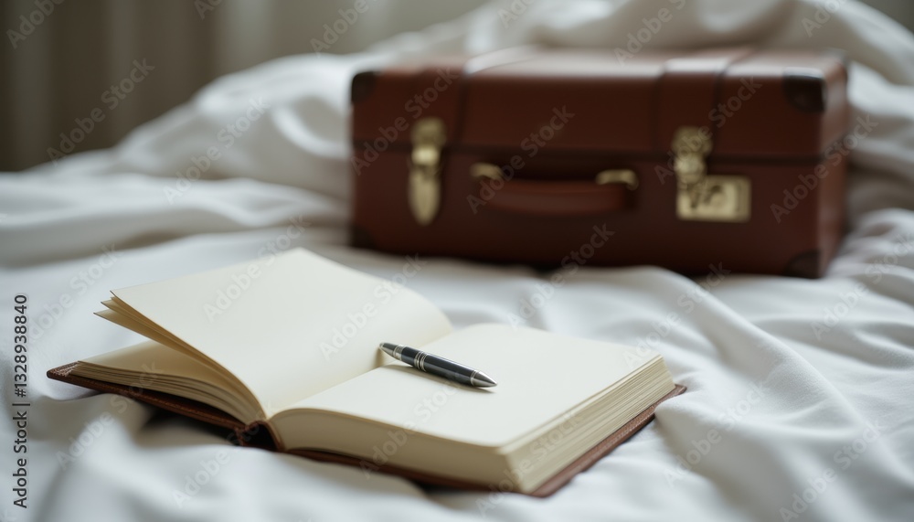 Naklejka premium Open Notebook and Elegant Briefcase on a Soft Bed Cover with Natural Light Background