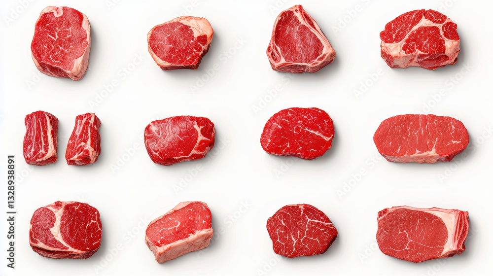 Beef cuts chart concept. Assortment of different beef cuts displayed Beef cuts chart concept. Assortment of different beef cuts displayed