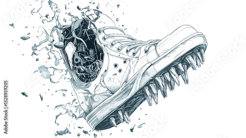 A monochrome illustration depicting a high-top boot seemingly disintegrating or exploding.  The boot is rendered in shades of grey and white, with a detailed textured sole featuring numerous