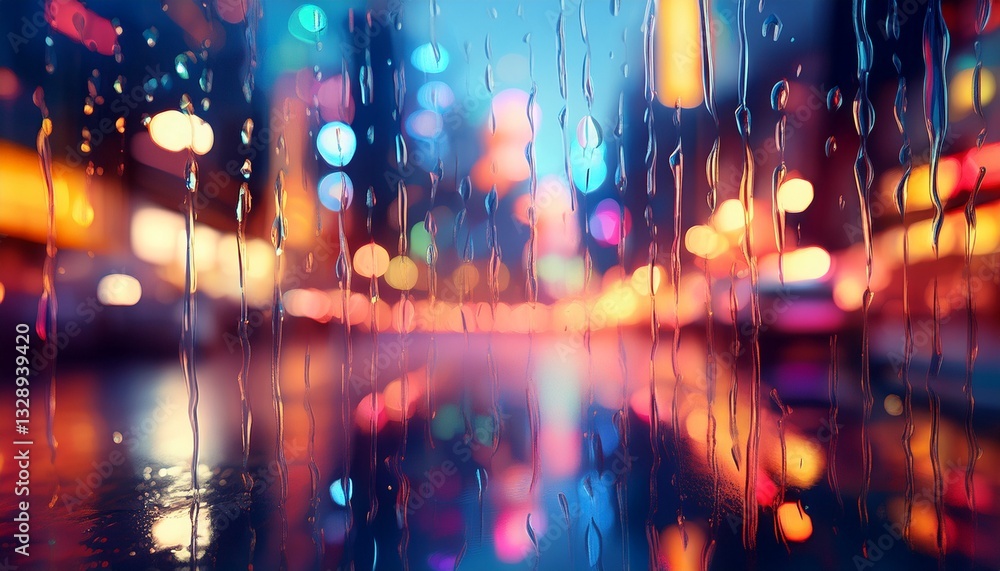 Obraz premium Blurred colorful city lights reflecting on a rainy glass, with an out-of-focus dreamy bokeh effect, capturing the essence of a moody urban night