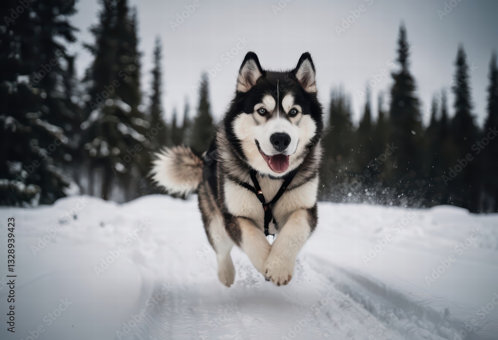 alaskan malamute dog running in a frozen forest, in the snow alaskan malamute dog running in a frozen forest, in the snow