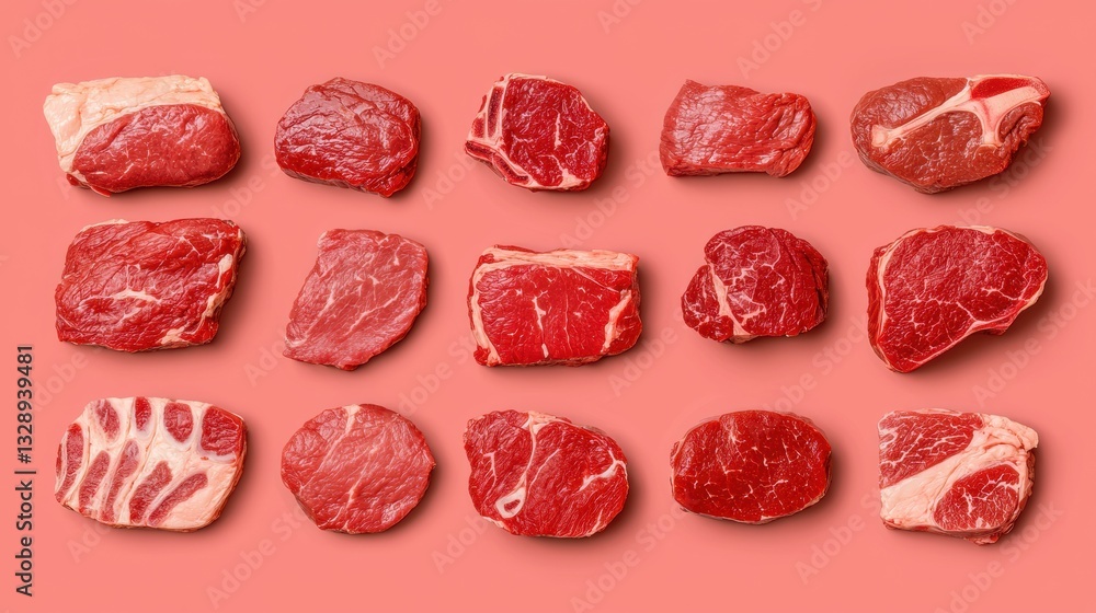 Beef cuts chart concept. Assortment of various cuts of fresh raw beef on red background Beef cuts chart concept. Assortment of various cuts of fresh raw beef on red background