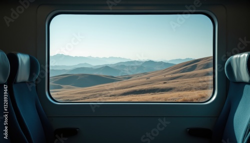 Scenic Train Journey Through Serene Landscapes with Mountains and Rolling Hills