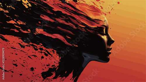 The image is a digital illustration or painting depicting the profile of a female face. The hair is depicted as a dynamic, flowing mass of dark, almost black, paint or ink-like substance, splashing