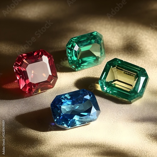 Four emerald-cut gemstones, vibrant colors, realistic rendering, high detail, dramatic lighting